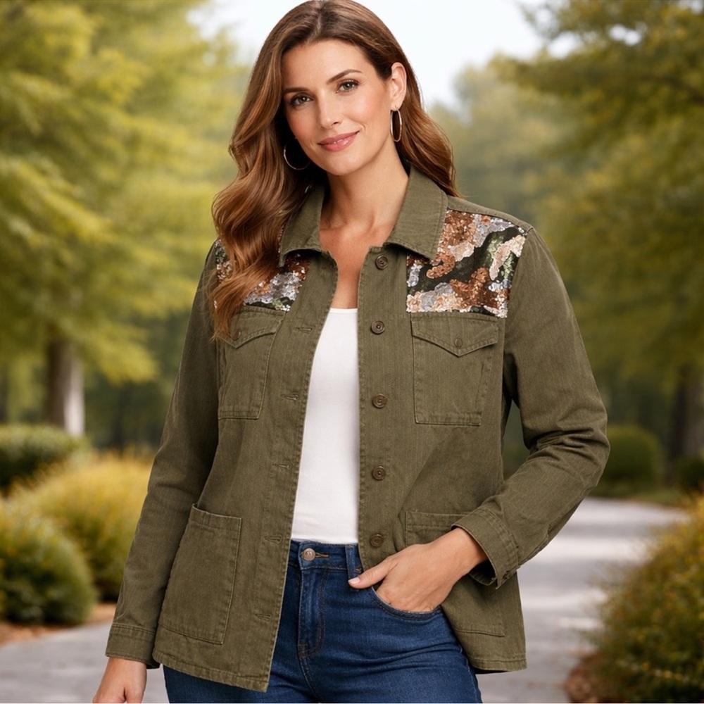 One 5 One Olive Green Utility Jacket with Sequined Shoulder Detail